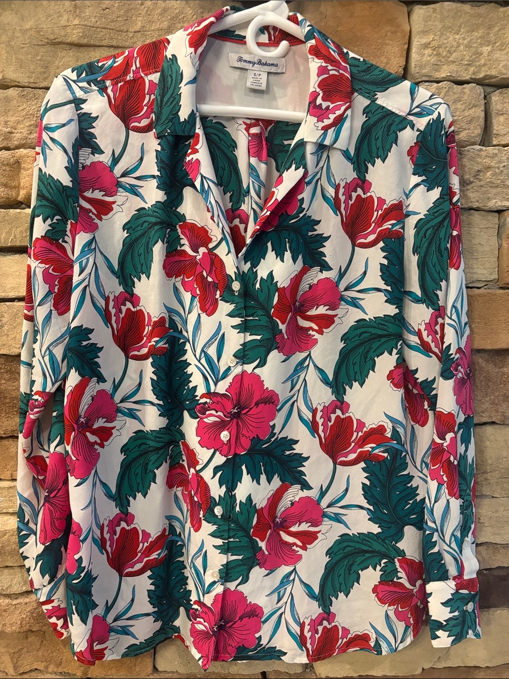 Tommy Bahama White Shirt with Pink & Teal Tropical Hibiscus